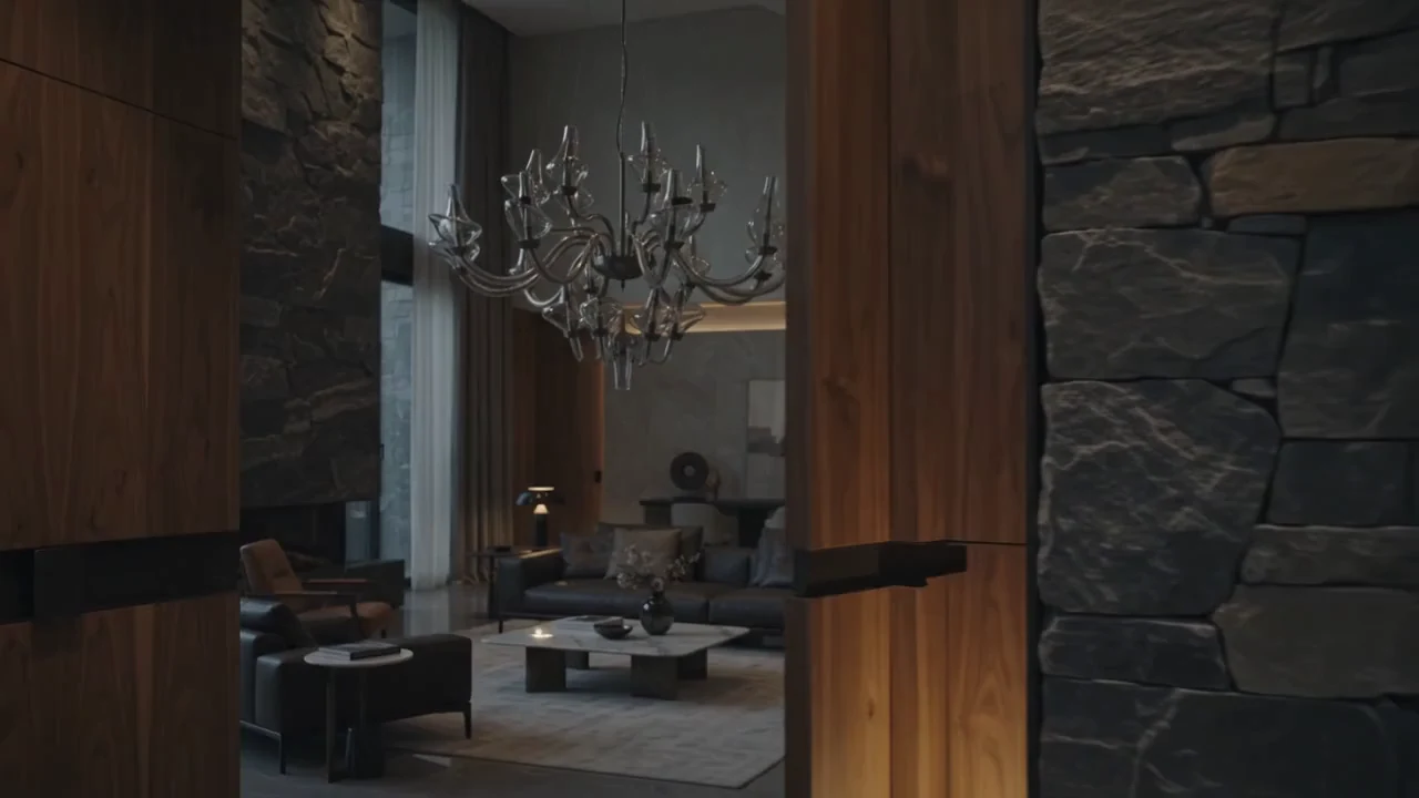 An entrance approached beneath a large sculptural chandelier